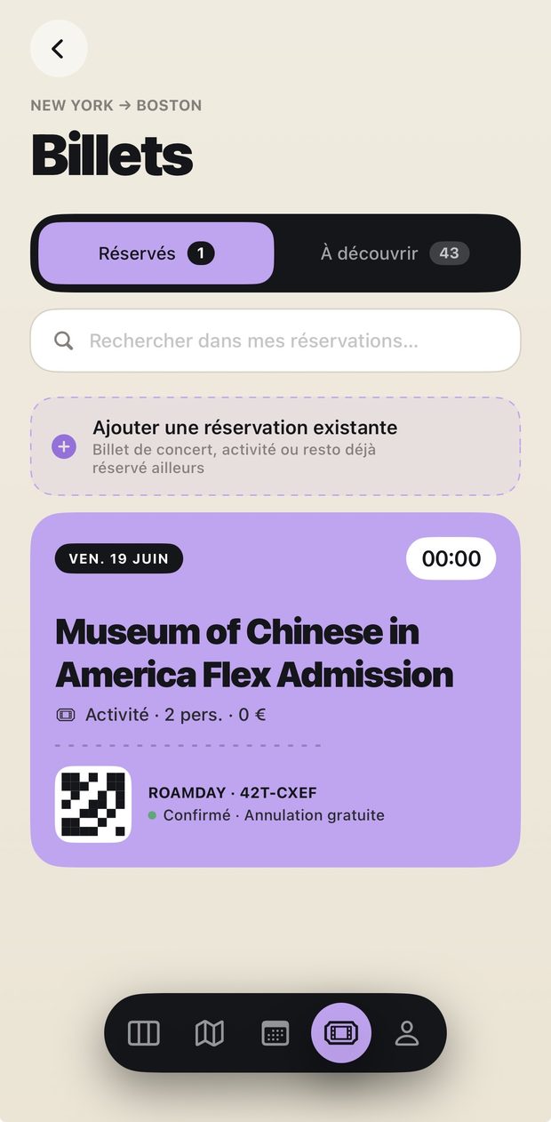 Écran Billets de l'app RoamDay