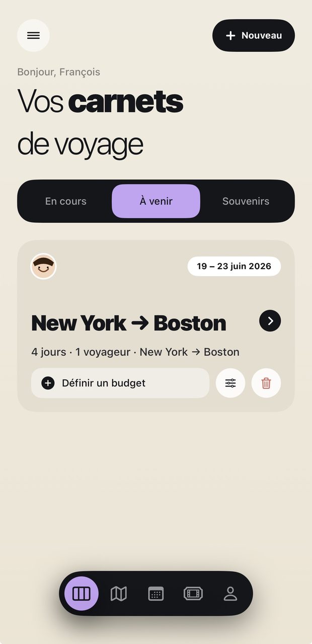 Écran Carnets de l'app RoamDay