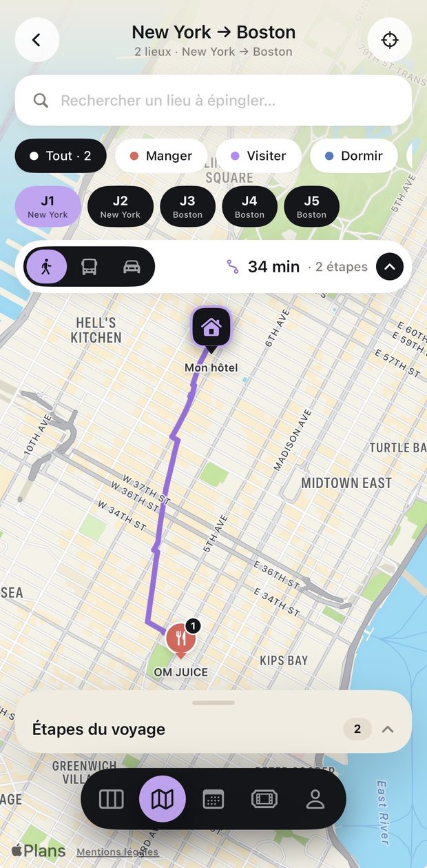 Écran Carte & itinéraires de l'app RoamDay