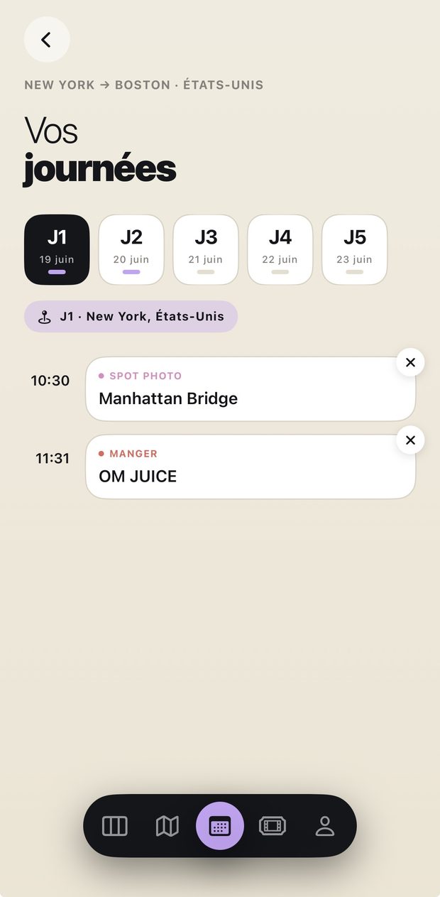 Écran Jour par jour de l'app RoamDay